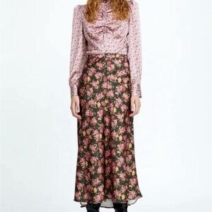 Zara Satin Floral Olive Green Midi Skirt XS